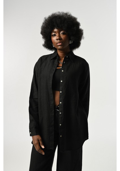 Kadın %100 Keten Düz Renk Oversize Kesim Gömlek