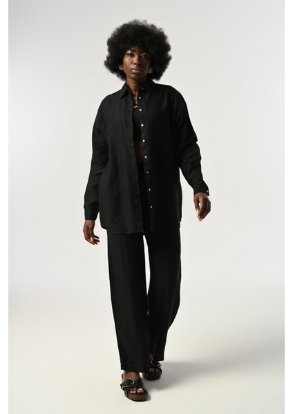 Kadın %100 Keten Düz Renk Oversize Kesim Gömlek fırsatları