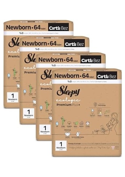 Sleepy Ecologic Premium Plus Efsane Paket Bebek Bezi 1 Numara Yenidoğan 256 Adet