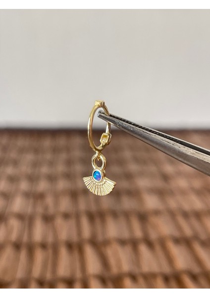 925 Ayar Gümüş Opal Taşlı Yelpaze Tasarım Gümüş Halka Piercing 8 mm Gümüş Küpe