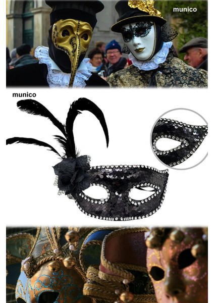 2 Adet Siyah Renk Pullu Maske – Tüylü ve Inci Detaylı | Maskeli Balo ve Kostüm Partileri Için