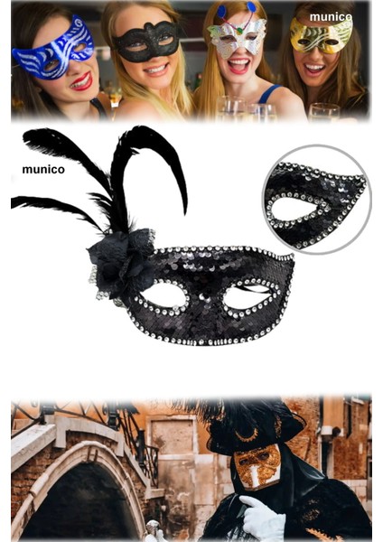 2 Adet Siyah Renk Pullu Maske – Tüylü ve Inci Detaylı | Maskeli Balo ve Kostüm Partileri Için indirimleri