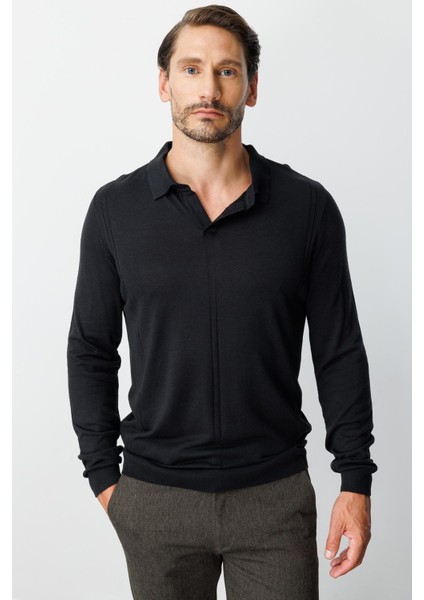 Siyah Standart Fit Polo Yaka Düz Uzun Kollu Triko