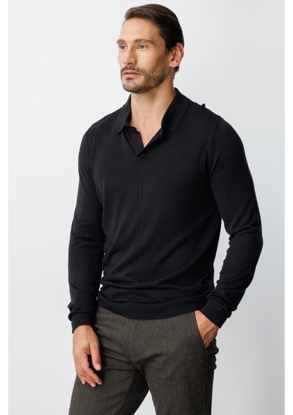 Siyah Standart Fit Polo Yaka Düz Uzun Kollu Triko fiyatları