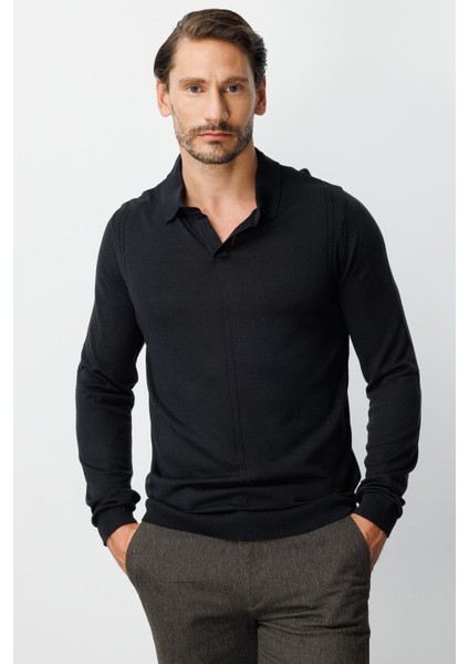 Siyah Standart Fit Polo Yaka Düz Uzun Kollu Triko modelleri