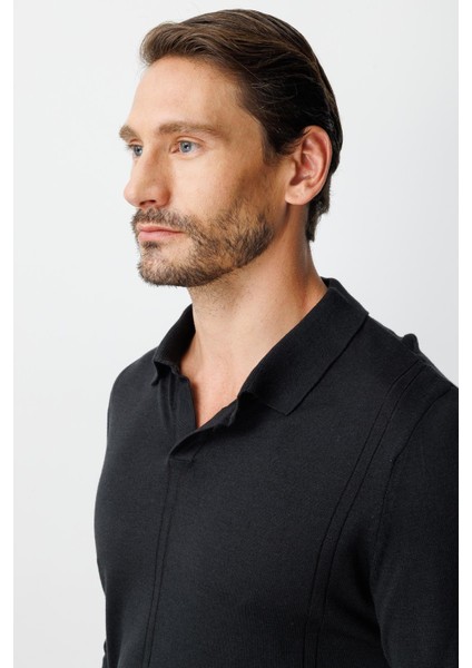 Siyah Standart Fit Polo Yaka Düz Uzun Kollu Triko fırsatları