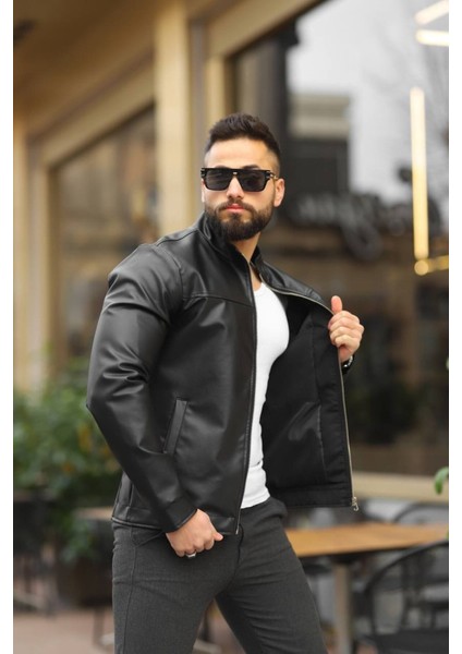 Premium Örme Triko Kol Dik Yaka Süet Ceket Erkek Slim Fit Suni Deri Modern Tasarım