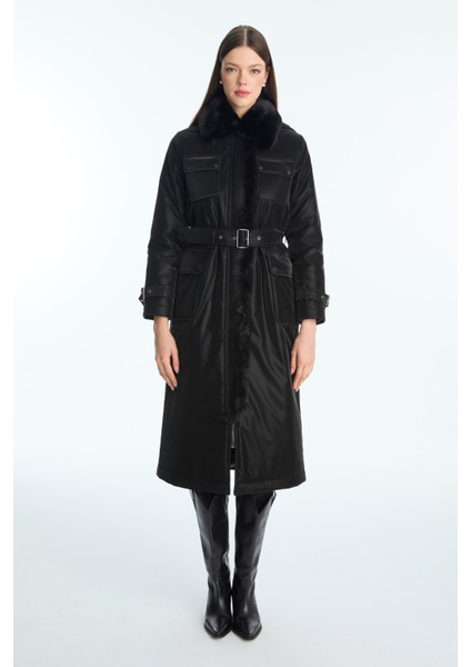 Kürk Yaka Cep Detaylı Kemerli Mont