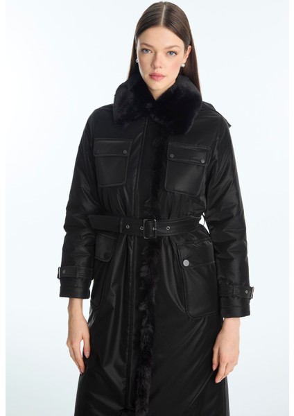 Kürk Yaka Cep Detaylı Kemerli Mont modelleri