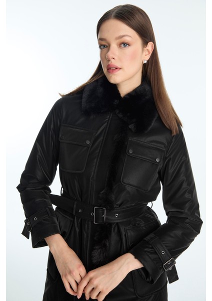 Kürk Yaka Cep Detaylı Kemerli Mont indirimleri