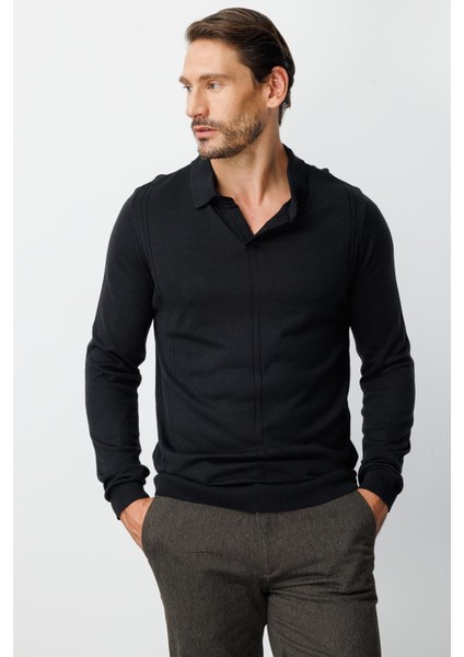 Siyah Standart Fit Polo Yaka Düz Uzun Kollu Triko