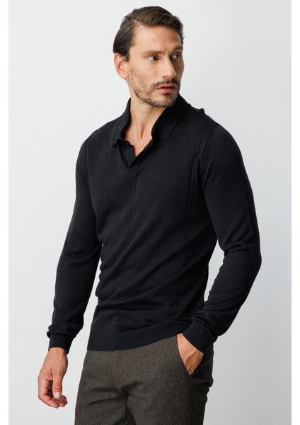 Siyah Standart Fit Polo Yaka Düz Uzun Kollu Triko