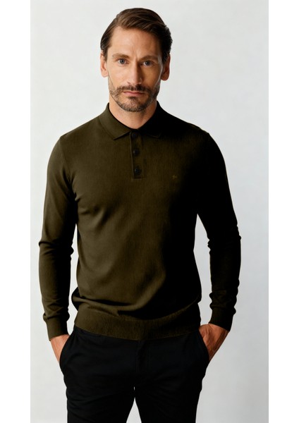 Haki Standart Fit Dar Kalıp Polo Yaka Düz Uzun Kollu Rayon Triko