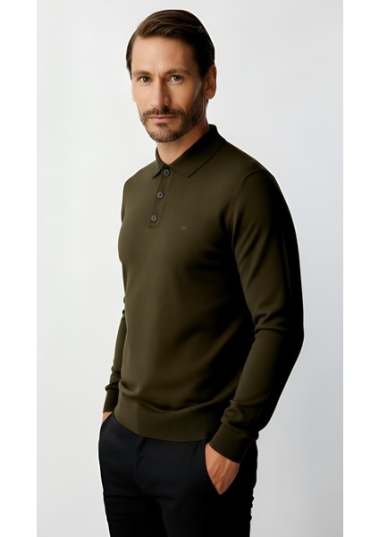 Haki Standart Fit Dar Kalıp Polo Yaka Düz Uzun Kollu Rayon Triko fiyatları