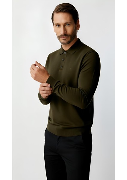 Haki Standart Fit Dar Kalıp Polo Yaka Düz Uzun Kollu Rayon Triko modelleri