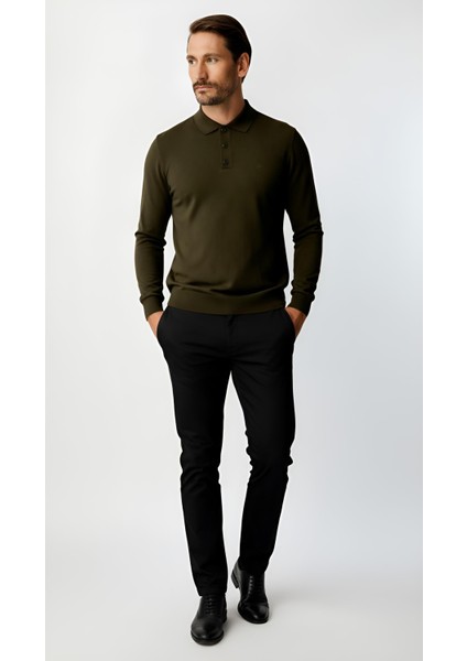 Haki Standart Fit Dar Kalıp Polo Yaka Düz Uzun Kollu Rayon Triko indirimleri