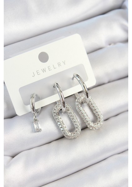 Pirinç Zirkon Taşlı Dikdörtgen Model Gümüş Renk 3'lü Çift Kadın Küpe Set