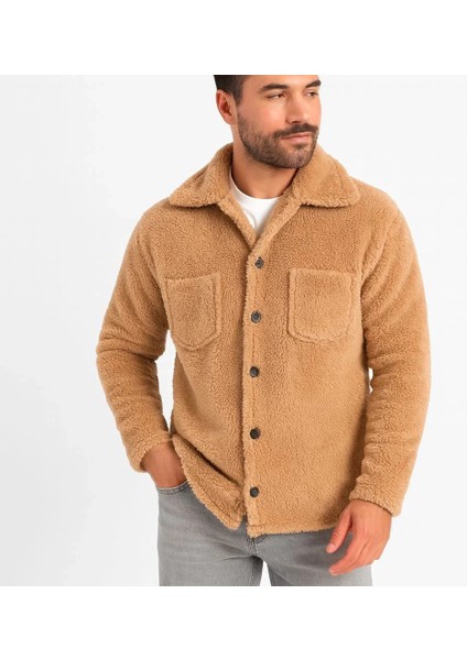 Erkek Pelüş Polar Hırka Gömlek – Yakalı, Ilik Düğmeli, Göğüs Cepli, Yumuşak Dokulu Kışlık Regular Fit Rahat Günlük Model - Açık Kahve