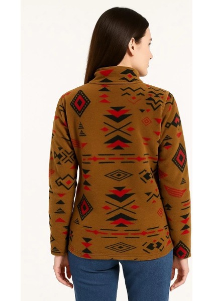Kadın Yarım Fermuarlı Desenli Polar Sweat Tribal Etnik Desen Yakalı, Uzun Kollu, Oversize Rahat Kalıp - Kahverengi modelleri