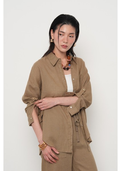 Kadın %100 Keten Kolları Düğme Detaylı Gömlek fiyatları