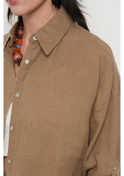 Kadın %100 Keten Kolları Düğme Detaylı Gömlek modelleri