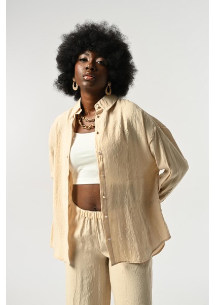 Kadın Düğme Detaylı Kırışık Kumaş Düz Renk Gömlek modelleri