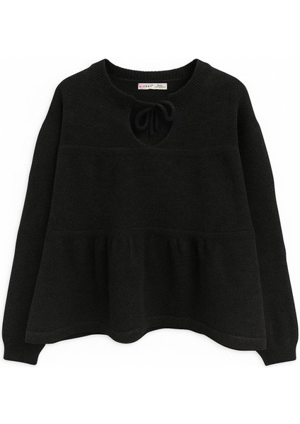 6950 Kadın Yakası Bağcıklı Pileli Triko Kazak Siyah