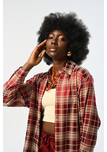Kadın Bordo Renk Ekose Desenli Oversize Kesim Gömlek fiyatları