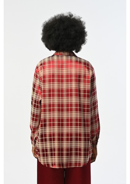 Kadın Bordo Renk Ekose Desenli Oversize Kesim Gömlek indirimleri