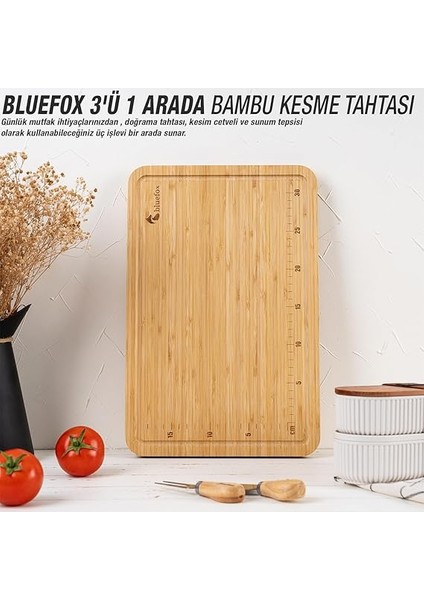 3'ü 1 Arada Bambu Kesme Tahtası: Doğrama Tahtası, Kesim Cetveli ve Tepsi Fonksiyonlarıyla Mutfakta Pratik Çözüm,su Oluklu, Bıçak Dostu, Neme Dayanıklı Yüzey, 38X25 cm fiyatları