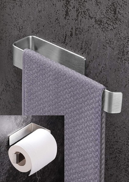 Paslanmaz Çelik Havluluk ve Tuvalet Kağıdı Askısı Set Inox Yapışkanlı Bant Montaj - Vida Yok!
