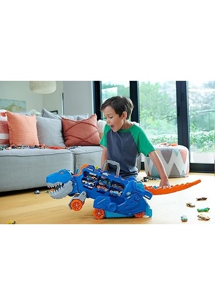 Wheels Şehri Ultimate T-Rex Tır, T-Rex'e Dönüşür, Yarış Pisti Içerir, Işıklı ve Sesli, 20+ 1:64 Ölçekli Araba Için Depolama Alanı, HNG50 fiyatları