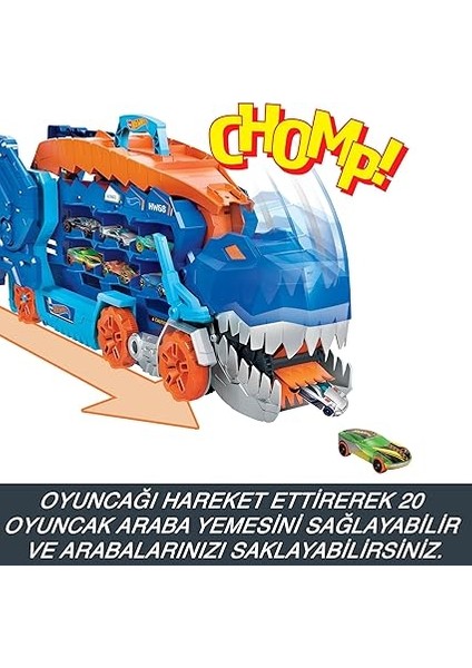 Wheels Şehri Ultimate T-Rex Tır, T-Rex'e Dönüşür, Yarış Pisti Içerir, Işıklı ve Sesli, 20+ 1:64 Ölçekli Araba Için Depolama Alanı, HNG50 modelleri