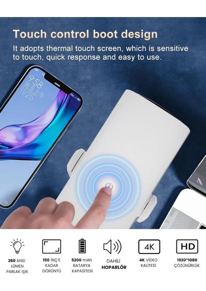 Glr K2 Pan-Tilt Lambalı Projektör 4K Destekli, Bluetooth 5.2 Android 11.0 Otomatik Odaklamalı Akıllı Projektör