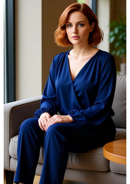 Kadın Moda Şık Büyük Beden Regular Kruvaze Yaka Regular Kalıp Örme Sandy Bluz