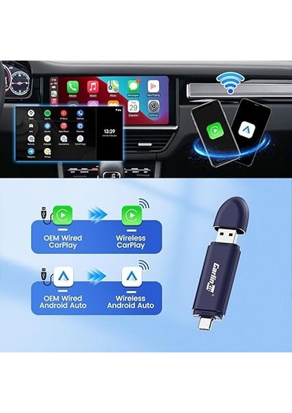 iPhone ve Android Mını5 Pro Için Kablosuz Carplay Adaptörü, Tak ve Çalıştır, Kablosuz, Otomatik Bağlantı, Çevrimiçi Yükseltme, Siri Voice & Google Voice, Kablolu Carplay ve Android Otomobil fiyatları