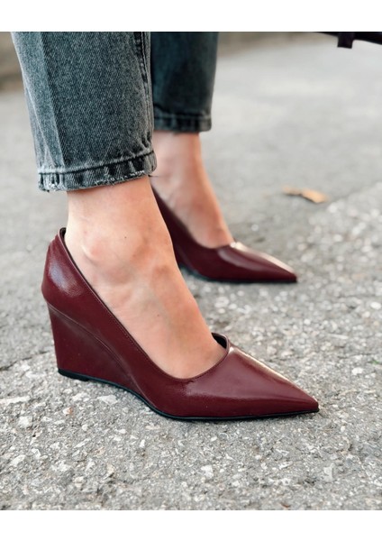 Mariel Dolgu Topuklu Stiletto Bordo Mat Deri