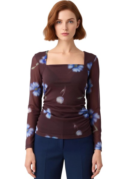 Kadın Kare Yaka Çiçek Desenli Uzun Kollu Vücuda Oturan Örme Kaliteli Şık Rahat modelleri