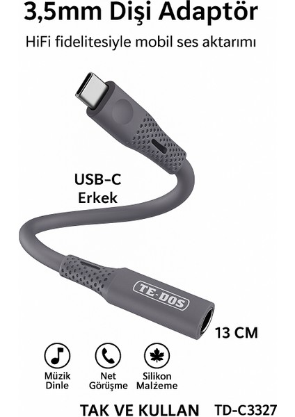 TD-C3327 Type-C-3.5mm Kulaklık Dönüştürücü Hifi Ses Aktarımı Dac Çipli Tak ve Kullan 13CM