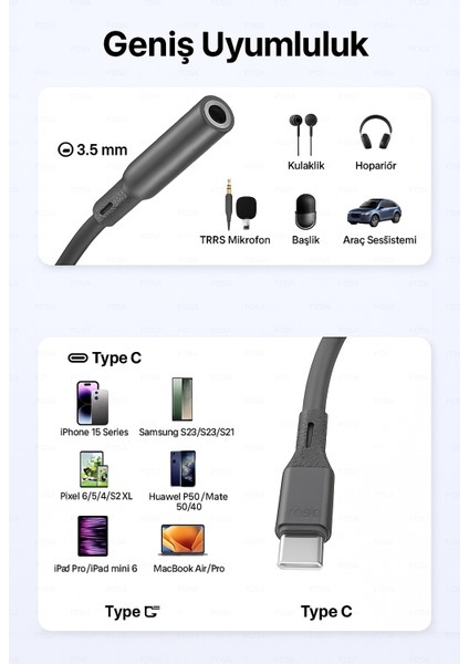 TD-C3327 Type-C-3.5mm Kulaklık Dönüştürücü Hifi Ses Aktarımı Dac Çipli Tak ve Kullan 13CM