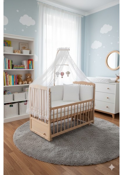 Sallanır Anne Yanı Ahşap Beşik 60x120 Organik Kayın&Gürgen– Beyaz Güpür Uyku Seti + Yatak Dahil