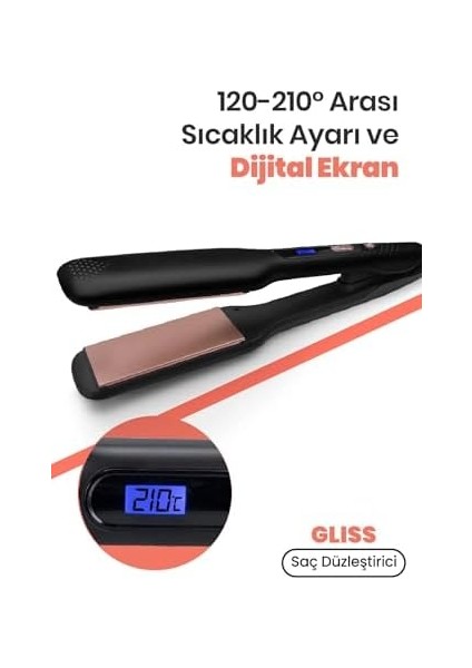 Goldmaster Gliss Keratin Kaplamalı Seramik Plaka Saç Düzleştirici - 210°C Ayarlanabilir Isı, Geniş Plaka, Saç Yıpranmasını Önler ve Parlaklık Kazandırır, Dijital Ekran, 360° Kablo, BY-5116, Siyah