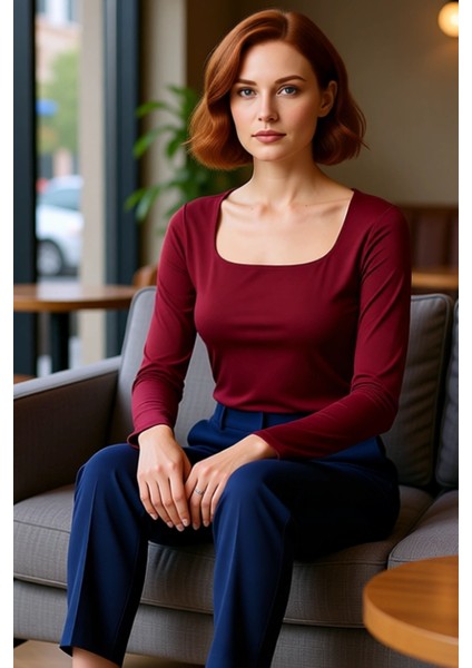 Kadın Moda Şık Üst Giyim Regular Kare Yaka Slim Kalıp Örme Pamuklu Fit Bluz