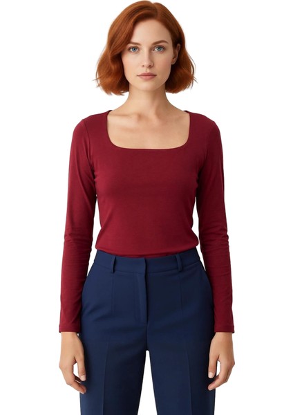 Kadın Moda Şık Üst Giyim Regular Kare Yaka Slim Kalıp Örme Pamuklu Fit Bluz fiyatları