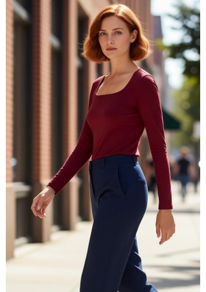 Kadın Moda Şık Üst Giyim Regular Kare Yaka Slim Kalıp Örme Pamuklu Fit Bluz fırsatları