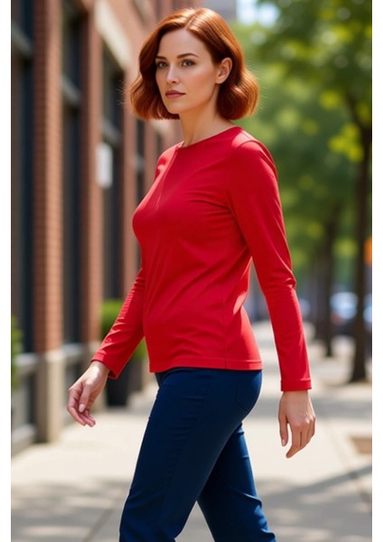 Kadın Pamuklu Kayık Yaka Uzun Kollu Vücuda Oturan Esnek Kaliteli Şık Rahat Modern Zarif