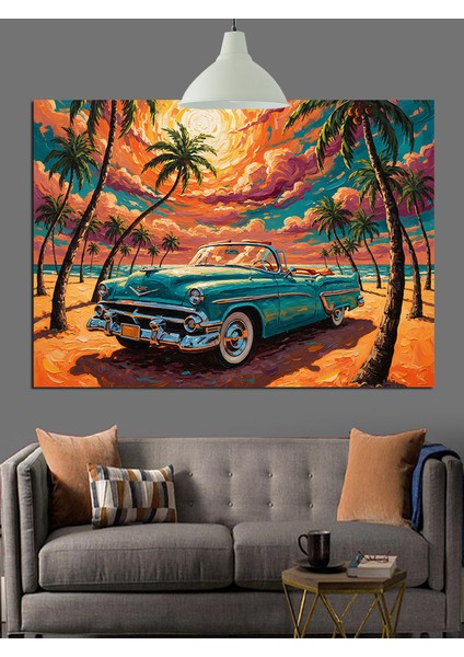 Mavi Klasik Araba Manzarası Dekoratif Kanvas - Mdf Ahşap Tablo fiyatları