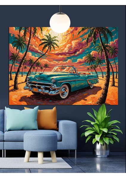 Mavi Klasik Araba Manzarası Dekoratif Kanvas - Mdf Ahşap Tablo fırsatları