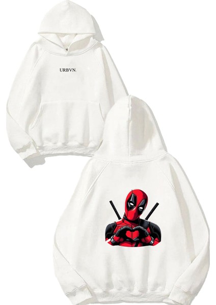 Deadpool Love Tasarım Baskılı Oversize Beyaz Kapüşonlu Sweatshirt