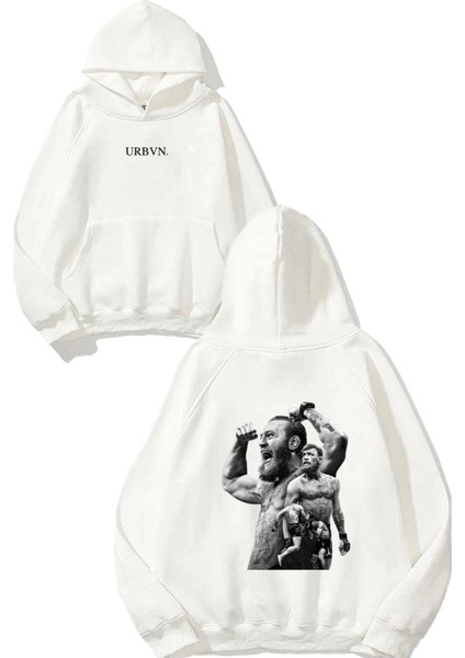 Conor 1 Tasarım Baskılı Oversize Beyaz Kapüşonlu Sweatshirt